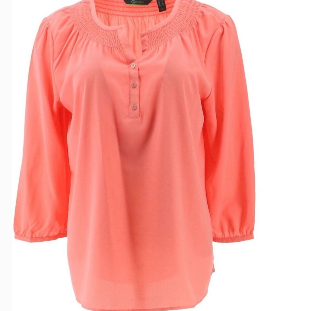 C Wonder Caroline Split Button Neck Blouse Smocking